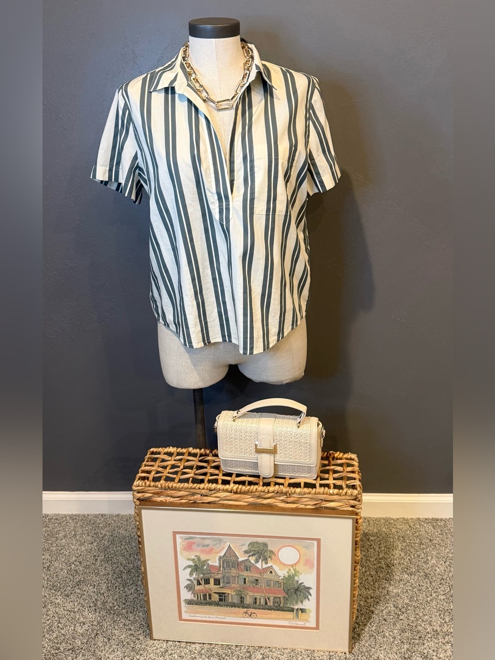 J. Crew Short-Sleeve Button-Down Shirt - White & Dark Green Stripes